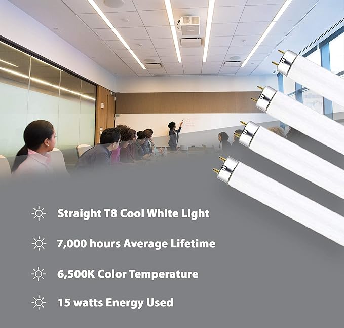 DYSMIO F15T8-DL 15 Watt T8 Straight Tube, Medium Bi-Pin Base, 6500K - Daylight - Pack of 4