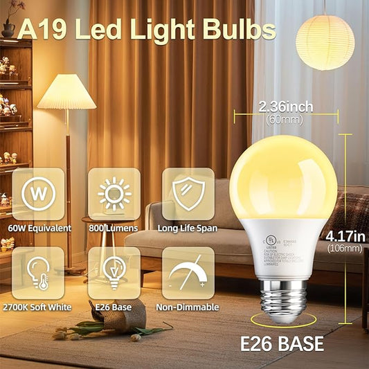 TJOY 12 Pack A19 LED Light Bulbs 60 Watt Equivalent, Efficient 9W, Soft Warm White 2700K, E26 Standard Base, Non Dimmable Energy Saving Warm Light Bulb for Home Bedroom, 800LM, 120V, 80 CRI, UL Listed