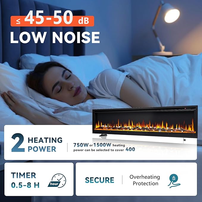 EUHOMY 73 Inch Electric Fireplace Recessed Wall Mounted Freestanding with Remote Control, Ultra-thin Fireplace Heater with Adjustable Flame Color, Linear Fireplace with Timer, Log & Crystal, 750/1500W