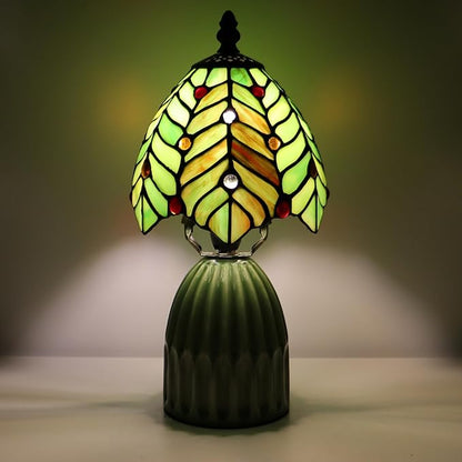 Stained Glass Mushroom Table Lamps 6X6X12.5 Inch Green Coconut Leave Style Small Night Light Ceramic Base Mini Accent Desk Light Suitable for Bedside Table Bedroom Children Room