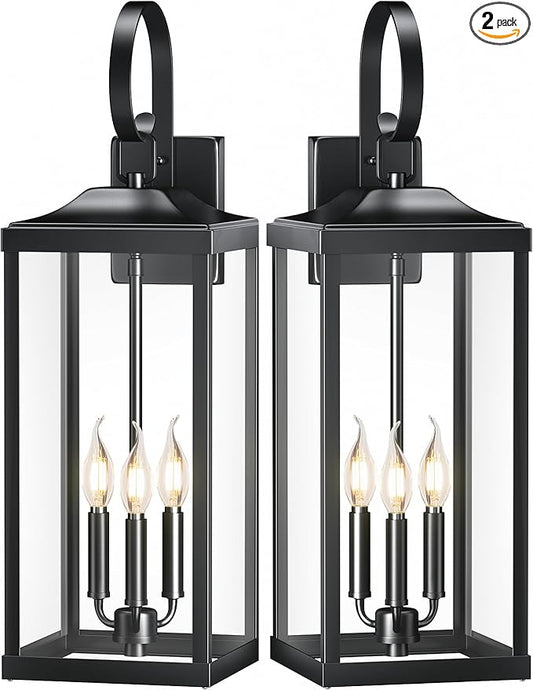 2 Packs 24" Extra Large Outside Wall Light Fixture 3-Light, Black Outdoor Porch Lantern Wall Mounted, Waterproof Modern Outside Wall Sconce Coach Lamp for House, E12