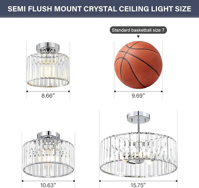 Crystal Chrome Semi Flush Mount Ceiling Light Modern Hallway Light Fixture Metal Close to Lamp for Entryway Bathroom (8.66 inch)