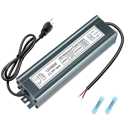inShareplus 12V 60W Power Supply, LED Driver AC 90-265V to DC 12 Volt 5A IP67 Waterproof, Low Voltage Transformer, Outdoor Driver with 3-Prong Plug 3.3 Feet Cable for LED Light, Outdoor Use