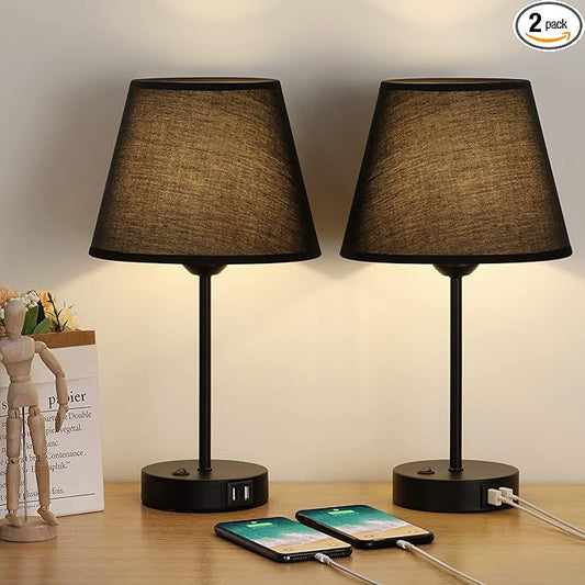 Table Lamp, Bedside Lamp Set of 2 with Dual USB Charging Ports, Modern Nightstand Light Perfect for Bedroom, Living Room, Study Room (Black)…