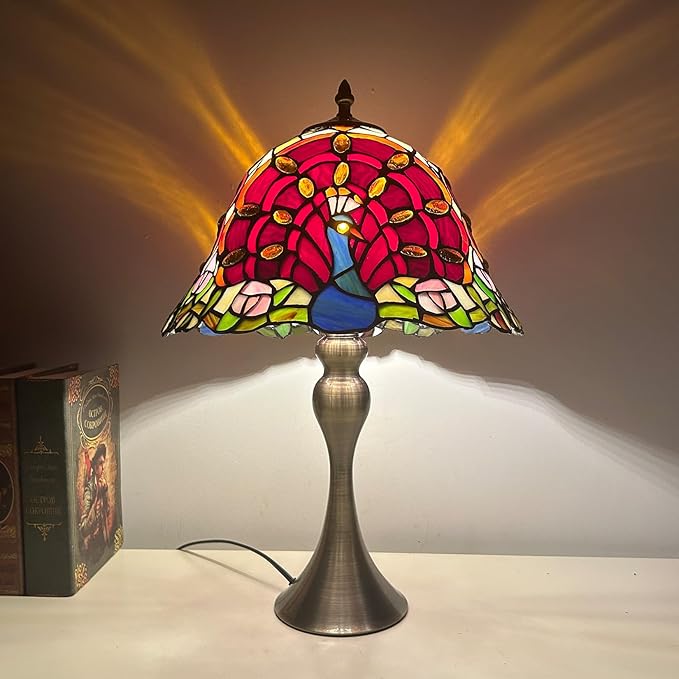 Tiffany Lamp Shade Replacement 12X7 Inch Peacock Style Handmade Red Blue Stained Glass Lampshades Only with Cap, Vintage Decorative Light Cover for Table lamp Ceiling Pendant Light,Red