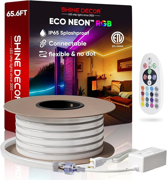 Shine Decor LED RGB Neon Rope Lights AC 120V, Expandable & Cuttable Bright Strip Lighting with Remote, Dimmable Color Changing, ETL Cold-Resistant & IP65 Waterproof for in&Outdoor, 10x20mm, 65.6FT