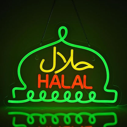 Halal Neon Signs Halal Food Arabic Restaurants Led Light Up Signs for Business Store Wall Decor with Dimmable Switch Christmas Party Gift USB Powered 14"x17"Handmade LED Neon Tubing Signs
