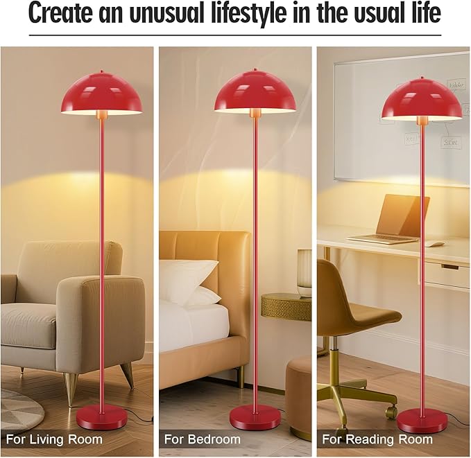 Industrial Floor Lamp, Red Floor Lamp for Living Room, 66Inch Tall Modern Standing Lamp, Stand Up Lamp with Metal Dome Shade, Mid Century Corner Reading Lamp for Bedroom Office Nursery Room, NO BULB