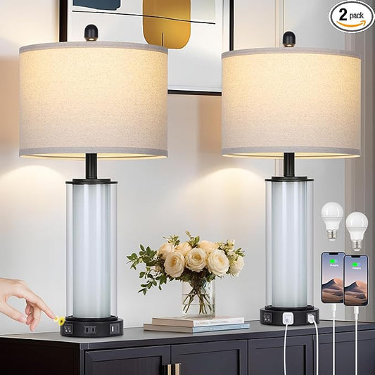 Black Glass Table Lamps Set of 2, 26" Living Room Lamp with Built-in Frosted Glass Night Light, Modern Bedroom Lamp with USB C+A Ports & AC Outlet, Bedside Lamps for Nightstand (4 Bulbs Included)