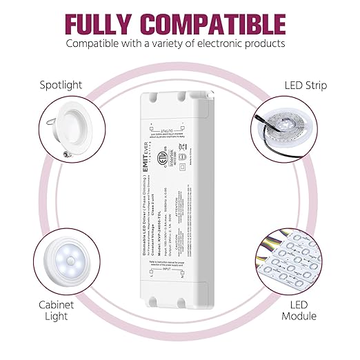 EMITEVER 50W Triac Dimmable Driver,Power Supply,AC 120V to DC 24V Transformer,Compatible with Lutron and Leviton Dimmers,for LED Lighting,Class 2,ETL Certified