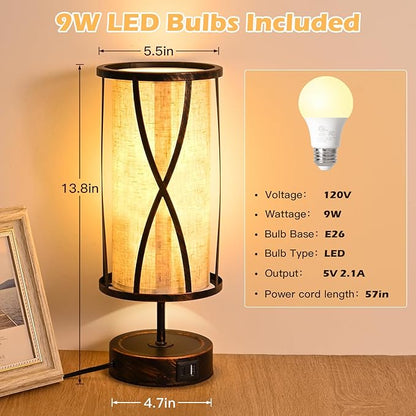 Distressed Table Lamps for Living Room, 3 Way Dimmable Touch Lamps, Small Bedside Lamps with LED Bulbs, USB Ports C+A, Nightstand Lamp for Kids Room, Bedroom, Office (1 Pack Iron)