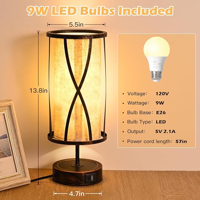 Distressed Table Lamps for Living Room, 3 Way Dimmable Touch Lamps, Small Bedside Lamps with LED Bulbs, USB Ports C+A, Nightstand Lamp for Kids Room, Bedroom, Office (2 Pack Iron)