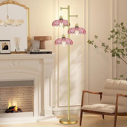 Gold Floor Lamp for Living Room,Modern Floor Lamps with Unique Pink Glass Shades,3 Lights Mid Century Tall Standing Lamp,Vintage Tree Flower Floor Lamp for Bedroom Corner Office Reading