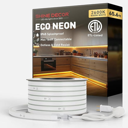 Shine Decor LED Rope Lights AC 120V, Connectable & Cuttable Dotless 120LEDs/M Eco Neon Strip Lighting, ETL IP65 Waterproof & Weather-Resistant for Home Commercial, 8x16mm, 2600K Warm White, 65.6FT