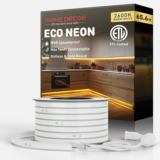 Shine Decor LED Rope Lights AC 120V, Connectable & Cuttable Dotless 120LEDs/M Eco Neon Strip Lighting, ETL IP65 Waterproof & Weather-Resistant for Home Commercial, 8x16mm, 2600K Warm White, 65.6FT