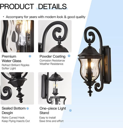 Outdoor Wall Sconces, Black Outdoor Porch Lights, 22.8" H Large Exterior Wall Lanterns, Waterproof Exterior Lighting Fixtures with Water Glass for Patio Garage Doorway
