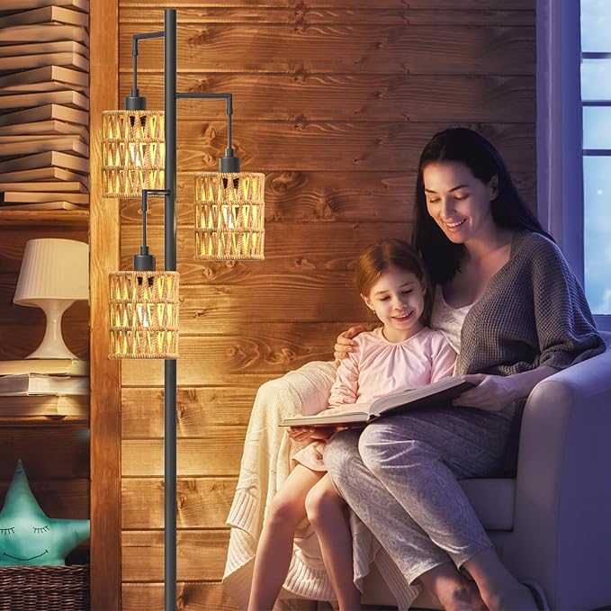 3 Lights Rattan Floor Lamps with ON/Off Foot Switch Tree Standing Lamp with Wood Rattan Lampshades Boho Floor Lamp Tall Pole Lamp for Living Room Bedroom Office, 3 PCS 6W Bulbs Included