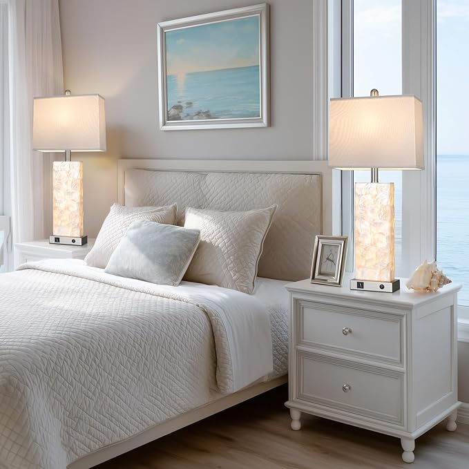 28" Coastal Table Lamps for Living Room Set of 2, Bedside Lamps with Night Light, USB A+C Ports, Modern Sea Shell Bedside Night Stands Light for Beachy Cottage Decor (Silver)