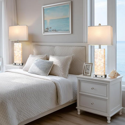 28" Coastal Table Lamps for Living Room Set of 2, Bedside Lamps with Night Light, USB A+C Ports, Modern Sea Shell Bedside Night Stands Light for Beachy Cottage Decor (Silver)