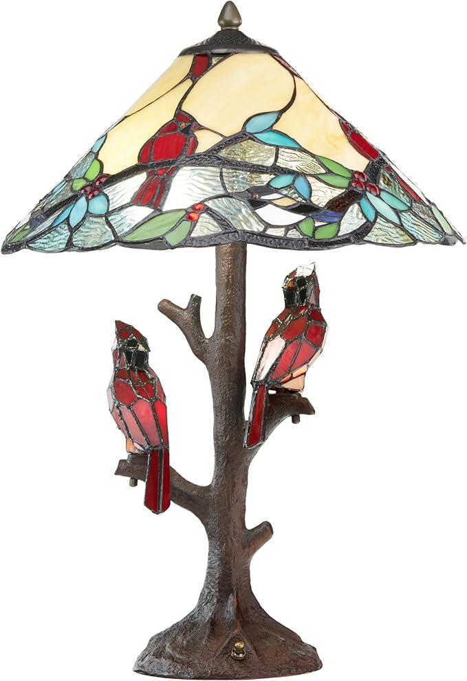 RIVER OF GOODS - Stained Glass Triple Lit Cardinals on Tree Table Lamp - 23.75" in - Table Lamp for Bedroom - Bedside Lamp - Desk Lamps for Home Office - Tiffany Style - Multi Color