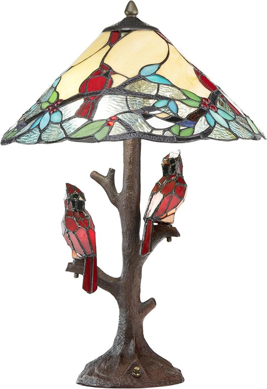 RIVER OF GOODS - Stained Glass Triple Lit Cardinals on Tree Table Lamp - 23.75" in - Table Lamp for Bedroom - Bedside Lamp - Desk Lamps for Home Office - Tiffany Style - Multi Color