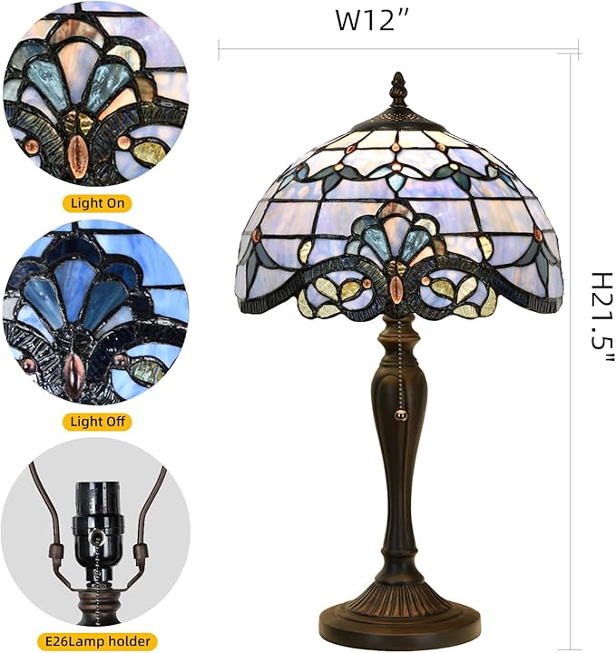 TL0015 Blue Baroque Tiffany Table Lamp Stained Glass Reading Desk Light 12 X 21.5 Inches for Bedroom Living Room, Handcrafted Artwork for Home Office, LED Bulb Included (Blue Baroque)