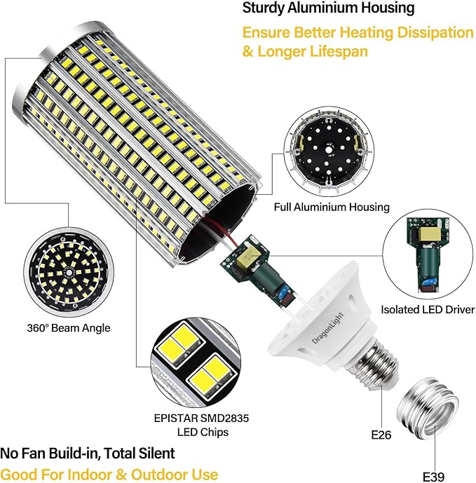 DragonLight 60W Super Bright LED Corn Light Bulbs (200 Watt Metal Halide/HID/HPS Replacement) - E26/E39 Base LED Lamp - 3000K Warm White 7,200 Lumens, Pack of 2