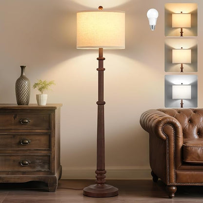 Floor Lamps for Living Room - 60" Resin Farmhouse Floor Lamp with Adjustable Color Temperatures - Vintage Standing Lamp Reading Light with Linen Shade Tall Lamp for Bedroom Office, Reddish Brown