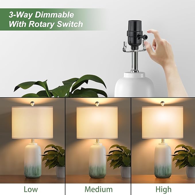 24" Green Table Lamps Set of 2 - Modern Ceramic Bedside Lamps for Night Stands, 3 Way Dimmable Green End Table Lamps for Living Room Bedroom