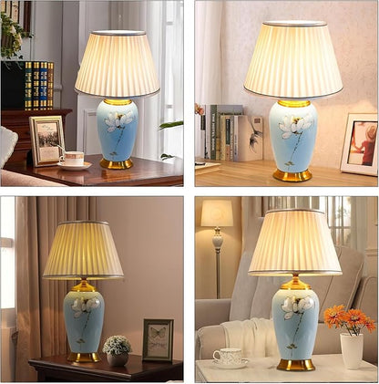 Blue Ceramic Table Lamp with White Fabric Lamp Shade Vintage Lamps with Flower and Bird Patterns，Traditional Home Decor Ceramic Table Lamp for Living Room Bedroom Nightstand Home Office