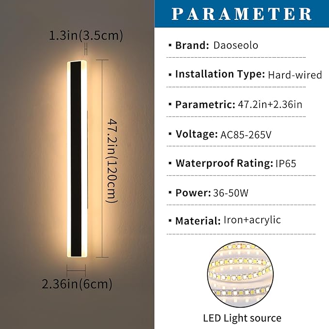 2 Pack 47.2inch Modern Outdoor Wall Light Fixture, IP65 Waterproof Outside LED Wall Sconce, 3 Color 3000K/4500K/6000K, 42W, Black Exterior Garage Lighting for House, Patio, Garden, Porch