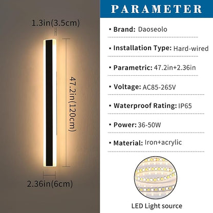 2 Pack 47.2inch Modern Outdoor Wall Light Fixture, IP65 Waterproof Outside LED Wall Sconce, 3 Color 3000K/4500K/6000K, 42W, Black Exterior Garage Lighting for House, Patio, Garden, Porch