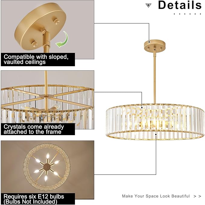 Modern Gold Semi Flush Mount Ceiling Light, Crystal Dining Room Chandelier Light Fixture, 6-Light Drum Lighting Fixtures for Foyer Kitchen Living Room Bedroom (19.6 inch)