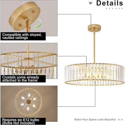 Modern Gold Semi Flush Mount Ceiling Light, Crystal Dining Room Chandelier Light Fixture, 6-Light Drum Lighting Fixtures for Foyer Kitchen Living Room Bedroom (19.6 inch)