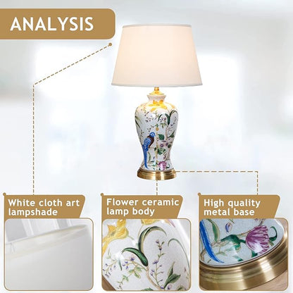 White Flower & Bird Ceramic Table Lamp,Hand-Painted Chinoiserie Lamp, Fabric Lampshade Nightstand Lamp for Bedroom Living Room Office College Bookcase