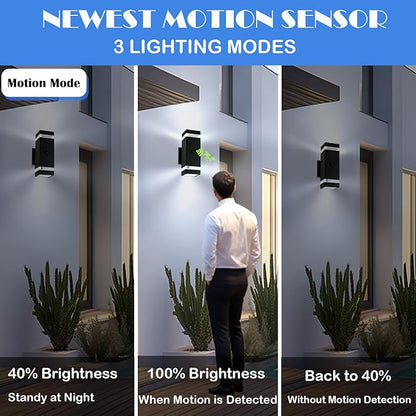 Motion Sensor Outdoor Wall Lights with 3 Lighting Modes, Dusk to Dawn Porch Light with Bulbs Include, IP65 Waterproof Modern Black Wall Sconce for Patio, Garage, Front Door