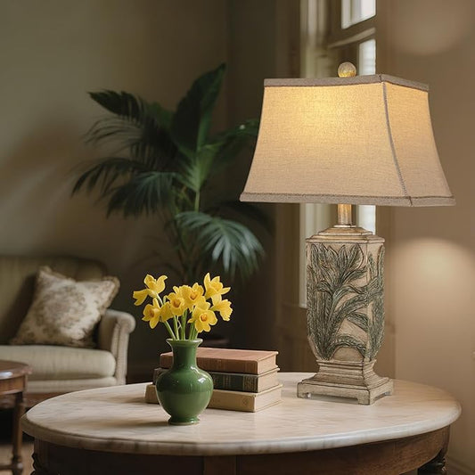 WIHTU 25" Vintage Table Lamps, 3 Color Temperature Rustic Retro Beside Lamp Set of 2, Farmhouse Resin Table Lamp for Living Room Bedroom Nightstands, Rotary Switch, Carved Leaf(2 Bulbs Included)