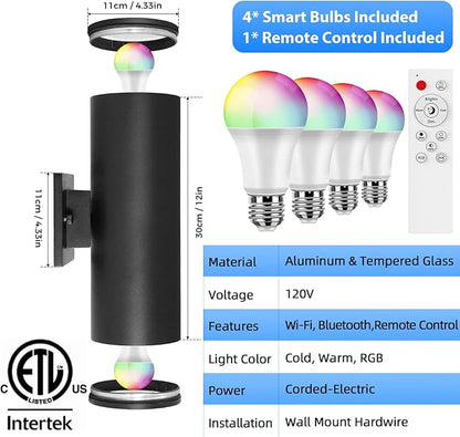 SHIMR Color Changing Outdoor Lights 2 Pack, RGB 2700K-6500K Smart Porch Lights with Remote, Cylinder Exterior Lighting Fixtures Aluminum Anti-Rust, Up and Down Lighting for House [ETL Listed]
