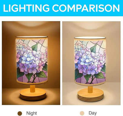 Hydrangea Table Lamp LED 3-Color Pressed Bedside, Hydrangea Shade Lamp with Wood Base for Bedroom Living Room Desk Office TL01