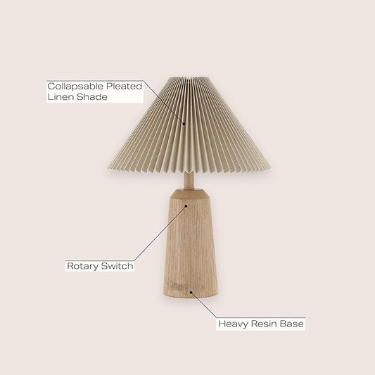 JONATHAN Y JYL1146A Arvid 20.5" Rustic Scandinavian Resin/Iron Lighthouse LED Table Lamp with Pleated Shade, Beige Wood Finish, for Bedroom, Living Room, Entry Console
