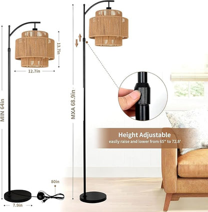 Rattan Floor Lamp for Living Room Bedroom Boho Arc Standing Lamp with Remote Dimmable Black Farmhouse Wicker Bamboo Lamp Shade Floor Light Tall Lamp Industrial Floor Lamps Bohemian Decor