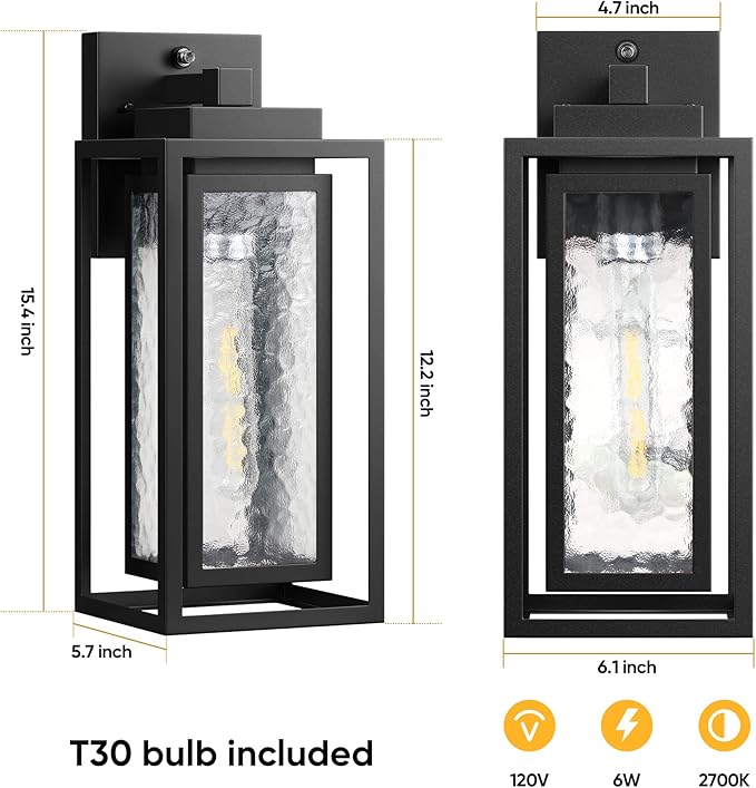 Dusk to Dawn Exterior Porch Light Fixture, Water Ripple Outdoor Wall Lantern Black, 2 Pack Sensor Outside Lantern Lamp, Waterproof Wall Sconce Light, Outside Mount Lamp for Doorway(Bulb Included)