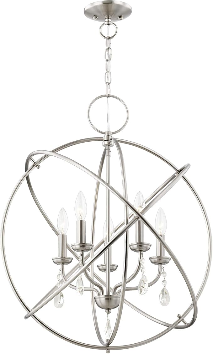 Livex Lighting 40905-91 Aria Collection Chandelier with 5 Arms and Dangling Crystals, Brushed Nickel