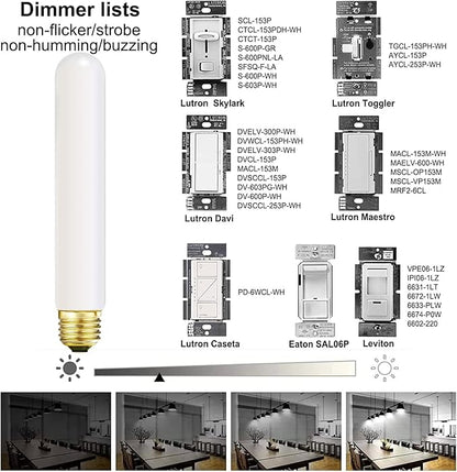 Leools T10 Led Frosted Bulb,e26 Dimmable Tubular LED Light Bulb, 6W Equal 60 watt Light Bulb 4000K Neutral White,CRI90+,600LM,E26 Base Matt Opal Porcelain,7.3inches Long Bulbs,4 Packs