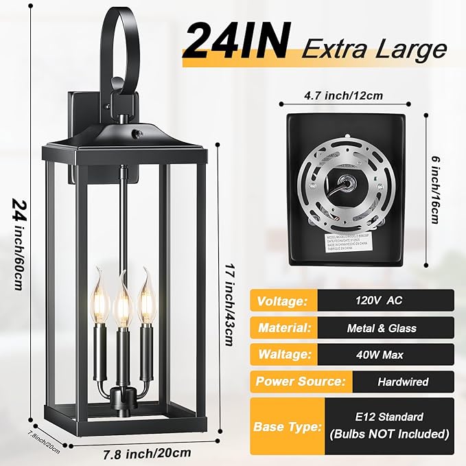 2 Packs 24" Extra Large Dusk to Dawn Light Fixture 3-Light, Black Outdoor Porch Lantern Wall Mounted, Waterproof Modern Outside Wall Sconce Coach Lamp for House, E12