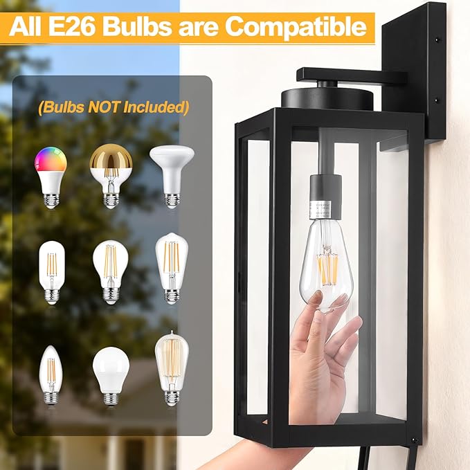 1 Pack 20" Large Outdoor Wall Lights with Closed Bottom - Black Outdoor Light Fixture Porch Lantern Wall Mounted, Waterproof Modern Exterior Wall Sconce Coach Lamps for House, E26