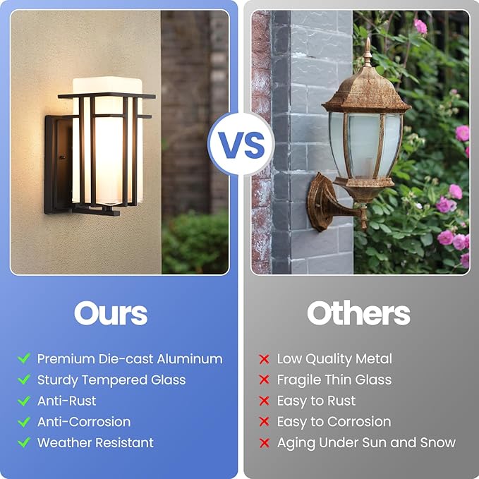 Outdoor Wall Sconce, Waterproof Exterior Lights Wall Mount, Anit-Rust Outdoor Wall Lantern with Rectangle White Glass, Modren Black Exterior Wall Light for Front Door, Patio, Garage, Entryway