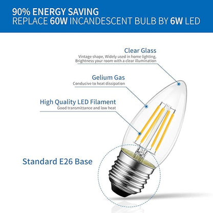 ANWIO B11 Filament Bulb E26 Base Non-Dimmable 6W(60W Equivalent) 2700K Warm White Chandelier Decorative Candle Light Bulb 6 Pack