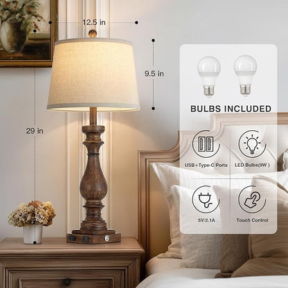 29" Farmhouse Brown Table Lamp for Living Room Set of 2,Vintage Bedside Nightstand Lamps with USB C+A Ports & AC Outlet,3-Way Dimmable Touch Retro Lamp for Bedroom,Brown