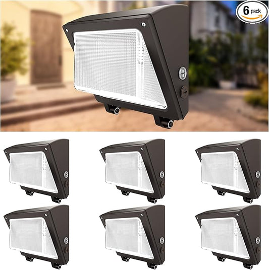 JTT 6Pack 75W/60W/45W LED Wall Pack Lights,Dusk to Dawn with Photocell,6000/5000/4000K Daylight IP65 Wall Mount Outdoor Security Lighting,Energy Saving Lights for Warehouses Yard Parking Lot, Garage
